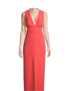 Aidan Mattox Coral Red Plunge V-Neck Dress
